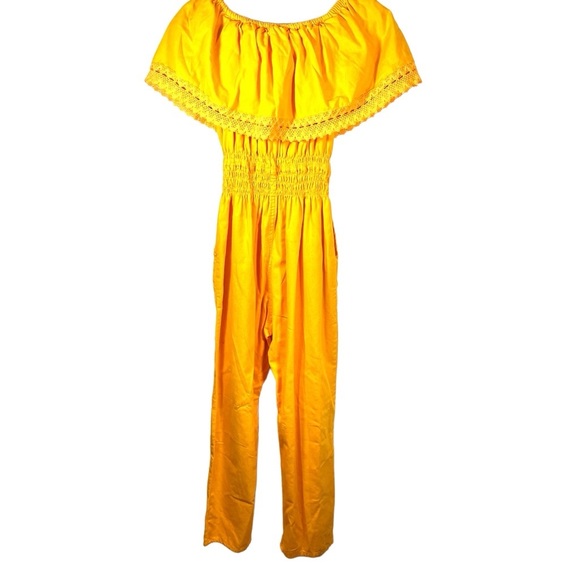 Mexican Boho Embroidered Off Shoulder Yellow Floral Sunflower Jumpsuit w/Pockets - Picture 2 of 8